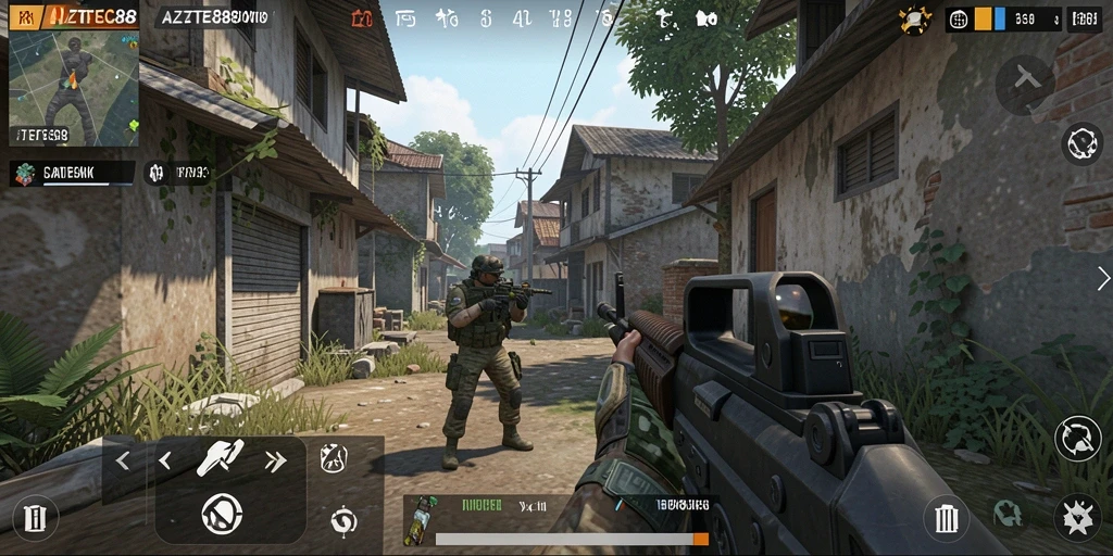 Screenshot menunjukkan aksi mendebarkan dalam game FPS AZTEC88.