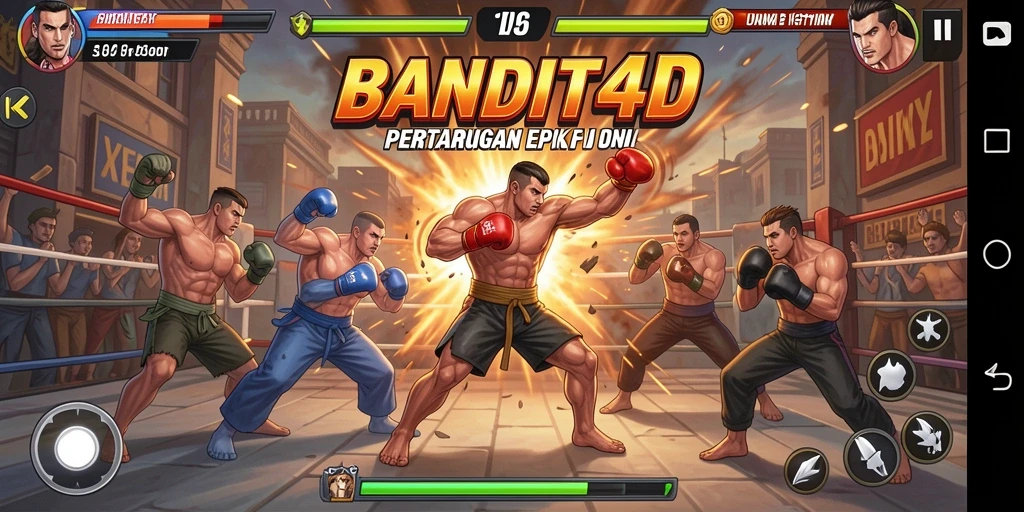 Screenshot utama BANDIT4D menampilkan pertarungan seru antara dua karakter.