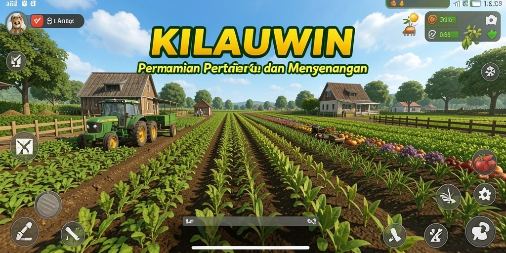 Tampilan gameplay KILAUWIN dengan ladang yang subur dan hewan peliharaan.