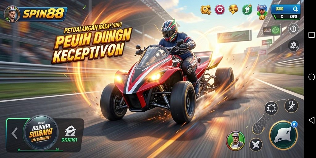 Screenshot SPIN88 menunjukkan aksi balap yang mendebarkan dan jalur yang penuh tantangan.