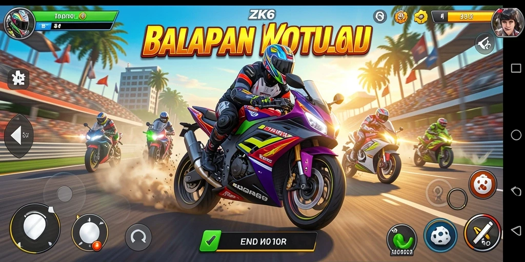 Tampilan gameplay ZK6 dengan balapan motor yang seru.